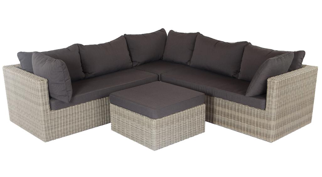 Roma lounge corner set (table with cushion and glassplate) 4pcs (1x left arm 1x right arm 1x corner 1x table 70x70x33 cm)