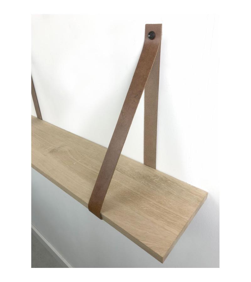 Eiken 18mm wandplank recht 50 x 30 cm inclusief leren riemen cognac