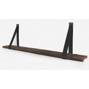 Wandplank van oud hout 100 x 16 cm met leren riemen zwart