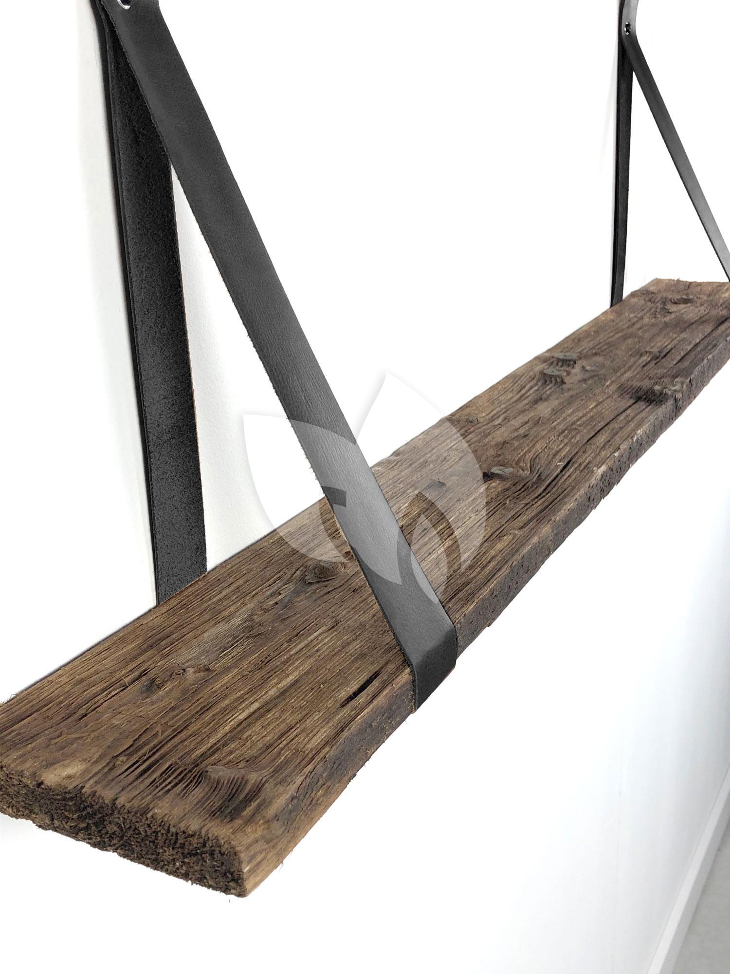 Express Wandplank van oud hout 60 x 16 cm met leren riemen zwart